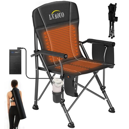 LVAOUO Heated Camping Chair with 20000mAh 12V Battery, 3 Heat Levels & 3-Zone Heating, Supports 600lbs - Portable Folding Chair for Camping, Fishing, Hiking, Lawn (Black)