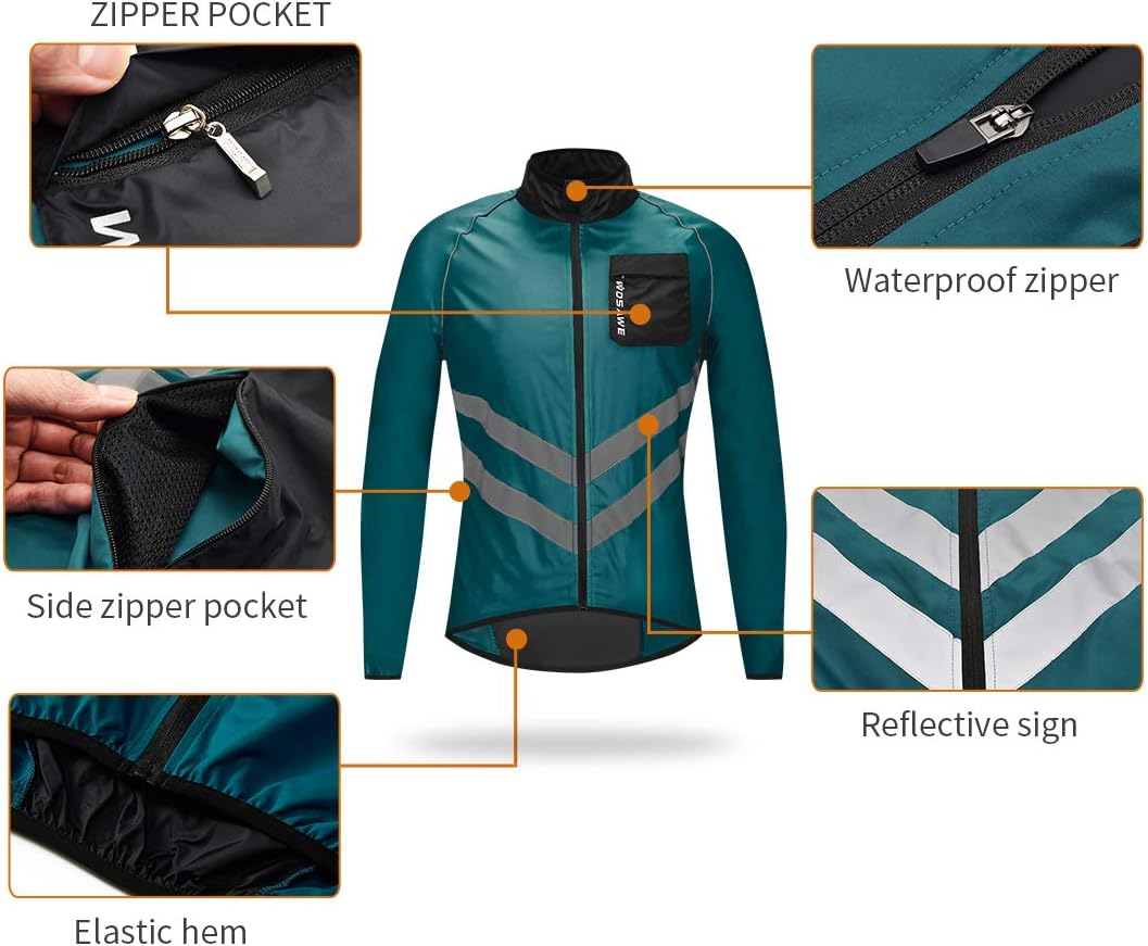 WOSAWE Men's High Visibility Cycling Wind Jacket Water Resistance Reflective Windbreaker