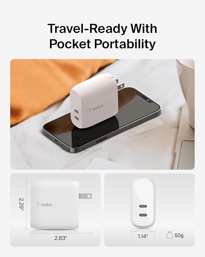 Belkin Dual Port USB C Charger Block 40W, USB-C Charger Fast Charging for iPhone 16, 15, 14, 13, Pro, Pro Max, Plus, Samsung Galaxy S25, Pixel , iPad, AirPods, Nintendo Switch 2 & More - White