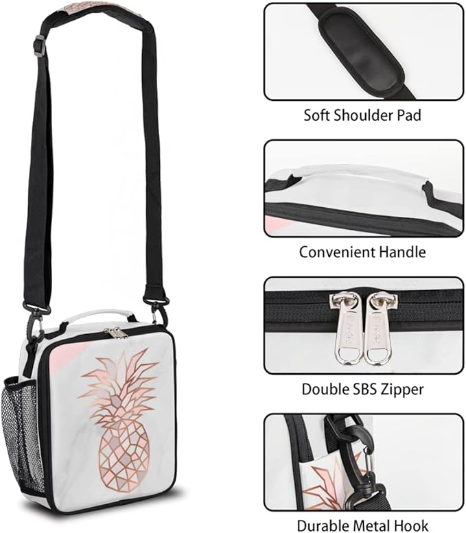 Marble Pineapple Kids Lunch Bag Pinks Pineapple Insulated Lunch Box for Girls Waterproof Lunch Bento Tote Bags Thermal Lunchbox School Lunchbox Insulated with Shoulder Strap