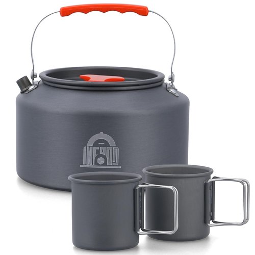 INFOOD 2.5L Camping Kettle Set - Camp Tea Coffee Pot with 2 Cups & Carrying Bag for Outdoor Camping Campfire Hiking Picnic & Backpacking, Gray