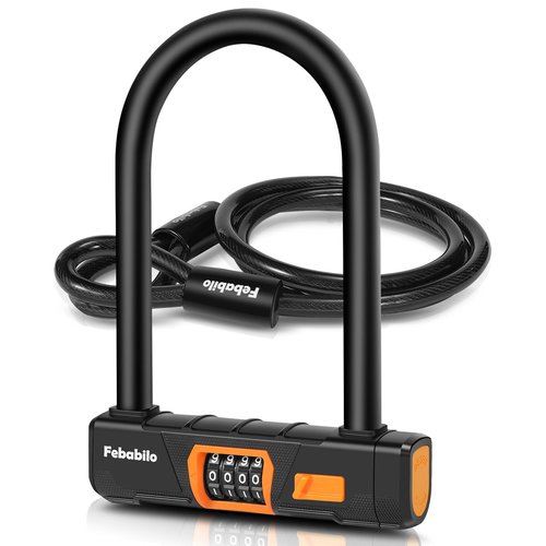 Febabilo Bike Locks Heavy Duty Anti Theft, Combo Bike U Lock, 4-Digit Resettable Combination E-Bike Large U Shaped Lock with 5Ft Steel Cable for Electric Bike, Bicycle, Escooter, Motorcycle,Door