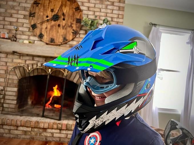 TCT-MOTORPARTS DOT Youth Kids Motocross ATV Helmets Offroad Street Dirt Bike Go-Kart BMX MX Full Face Helmet Blue w/Shark Mouth X-Large Size