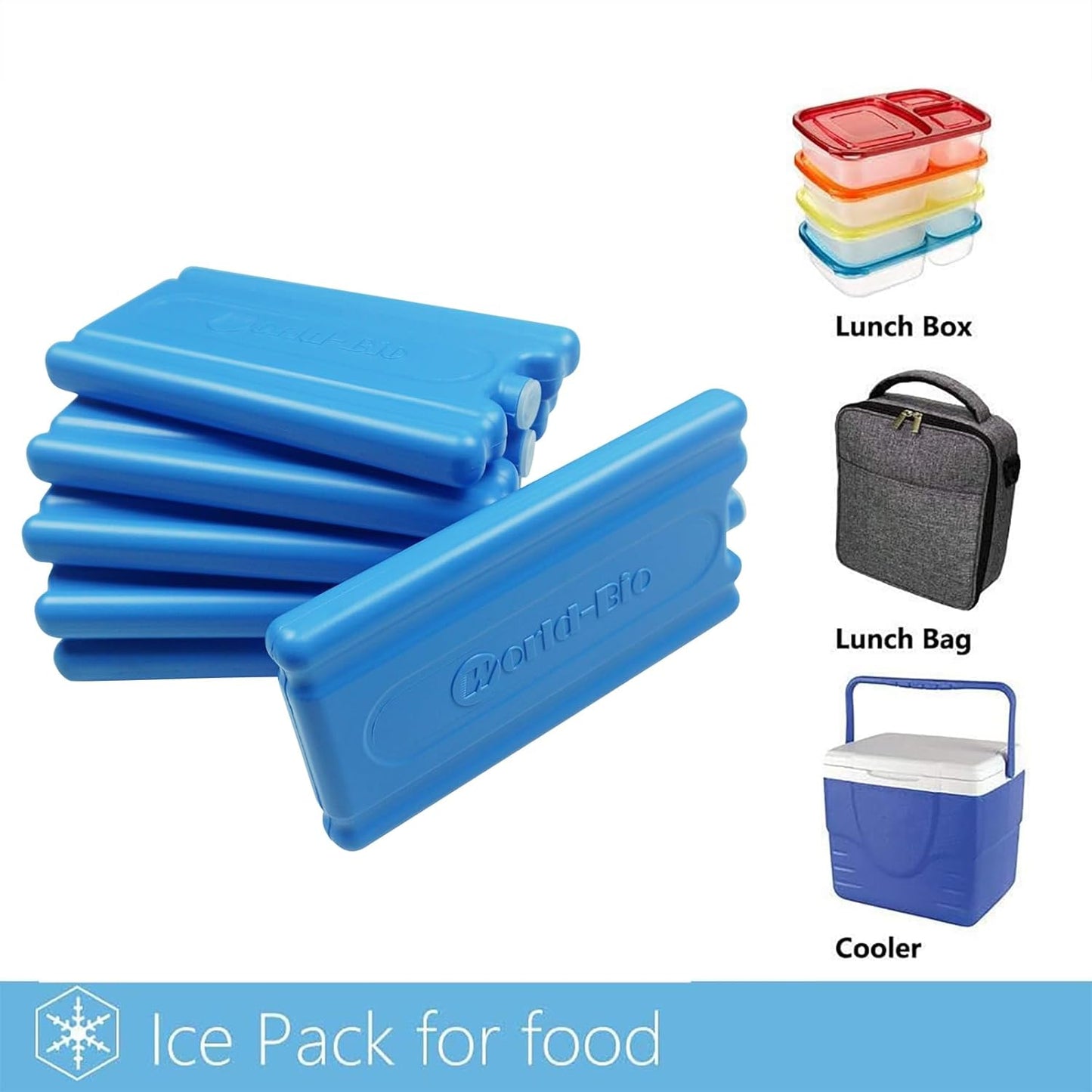 WORLD-BIO Ice Packs for Cooler, Reusable Freezer Packs for Lunch Box, Lunch Bag, Long Lasting Cold Pack for Work, School, Picnic, Camping, Fishing and More, Keep Beverages Foods Cold & Fresh