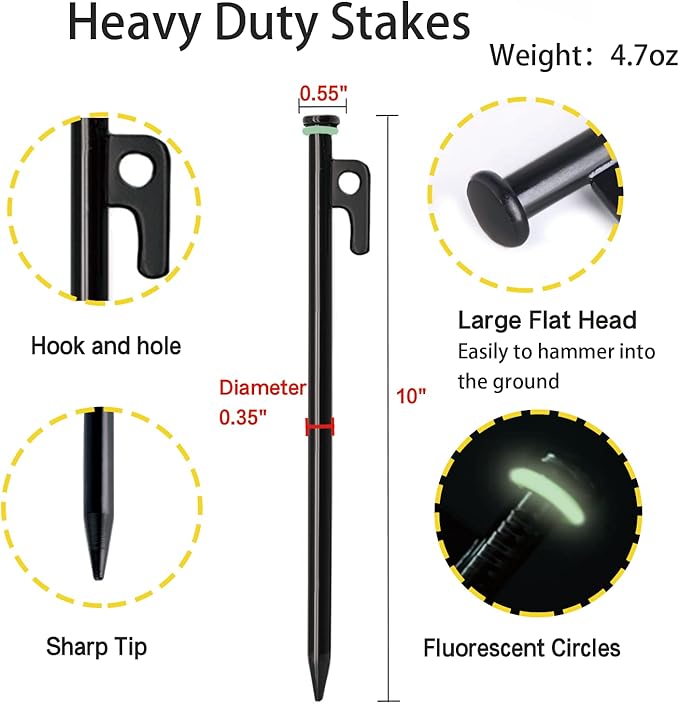 Tent Stakes, 8Pcs 10in Heavy Duty Forged Steel Tent Stakes +Storage Pouch, Metal Tent Stakes, Metal Stakes for Tent Used on Rocks, Grassland, Dessert, Stormy Weather（8Pcs 10in Tent Stakes）