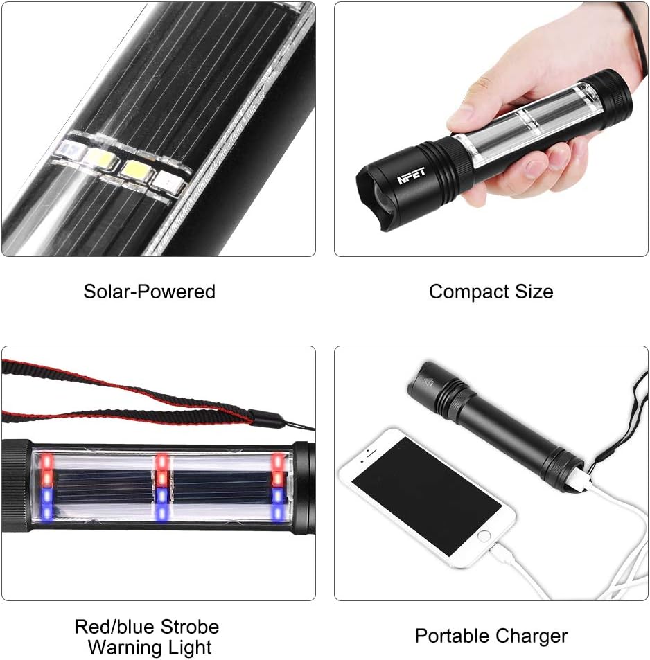 NPET T10 Car Flashlight 500 Lumens LED COB Light Solar Powered USB Rechargeable Tactical Multi-Function Torch Tool with 120dB Siren Window Breaker Seat Belt Cutter Compass for Camping