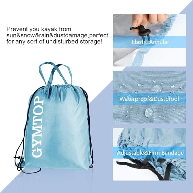GYMTOP 7.8-18ft Waterproof Kayak Cover - UV Protection Sunblock Shield for Fishing Boat/Kayak/Canoe - 7 Sizes [Light Blue(Upgraded), Suitable for 13.8-15ft Kayak]