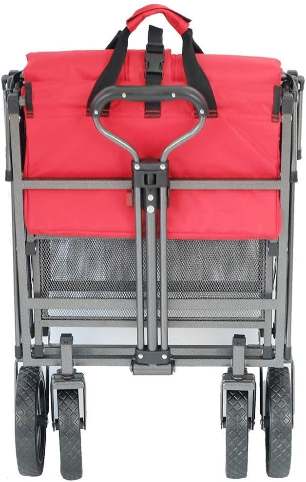 MacSports Double Decker Heavy Duty Steel Frame Collapsible Outdoor 150 Pound Capacity Yard Cart Utility Garden Wagon with Lower Storage Shelf, Red