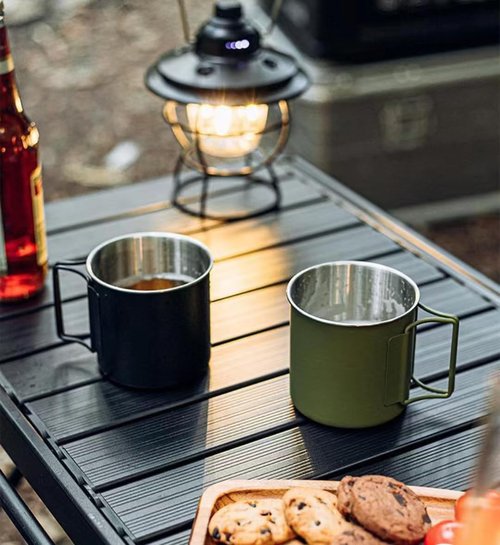 Wsaikis Camping Cups with Folding Handles, Camping Mugs Set of 2,Camping Coffee Mugs, Stainless Steel Camping Mugs,Portable 12oz Camping Cup for Outdoor Picnic Hiking Backpacking (Silver)