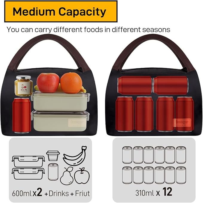 Buringer Insulated Lunch Bag Lunch Box for Women Men Adult Lunch Tote for Work Picnic Travel (Black)