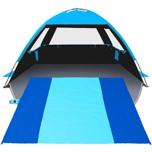 Gorich Beach Tent Sun Shelter with UV UPF99+ Protection for 3-4 People and Extra-Large Sandproof Waterproof Beach Blanket, Perfect for Camping, Travel, and Hiking (SkyRoyal, 10'x9')