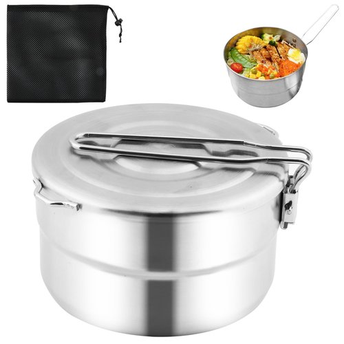 Stainless Steel Camping Cook Pot - 1.5L Camping Cookware with Lid and Folding Handle,Large Capacity Bento Pot for Camping, Hiking, Picnic