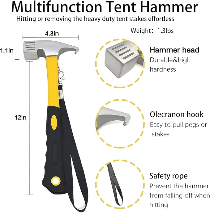 16 Pack Tent Stakes with Hammer,16in Heavy Duty Tent Stakes + 12in Tent Stakes Hammer+Storage Pouch, Forged Steel Tent Stakes for Camping Used on Rocks, Grassland(16Pcs 16in Tent Stakes+Hammer)