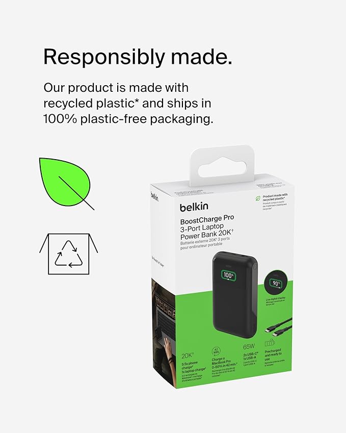 Belkin Portable Charger, 3-Port Laptop Power Bank 20000 mAh - USB-C & USB-A Ports, 65W iPhone Charger Fast Charging - MacBook, Apple iPhone 16, iPad, Samsung Galaxy S25, Nintendo Switch 2, etc - Black