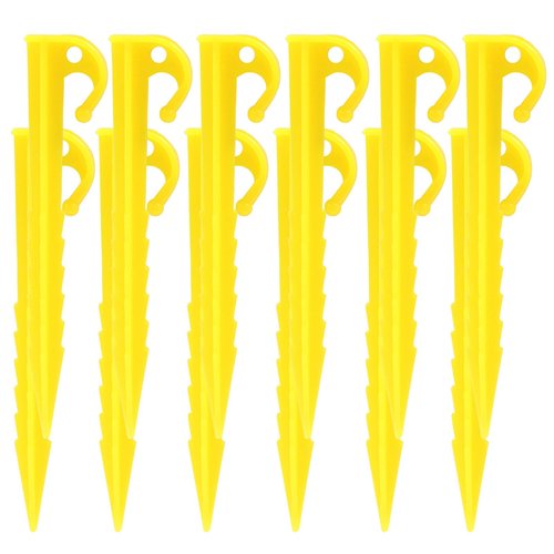 Moicstiy 12 Pack Plastic Tent Stakes, 5.7 Inch Yellow Serrated Edges Durable Garden Landscape Stakes Tent Spikes Hook for Camping, Gardening, Outdoor Beach