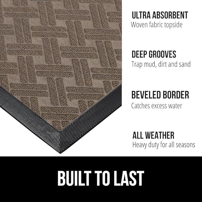 GORILLA GRIP 100% Waterproof All-Season WeatherMax Doormat, 23x35, Durable Natural Rubber, Stain and Fade Resistant, Low Profile, Indoor Outdoor Door Mats, Easy Clean Entrance Mat, Taupe Basket Weave