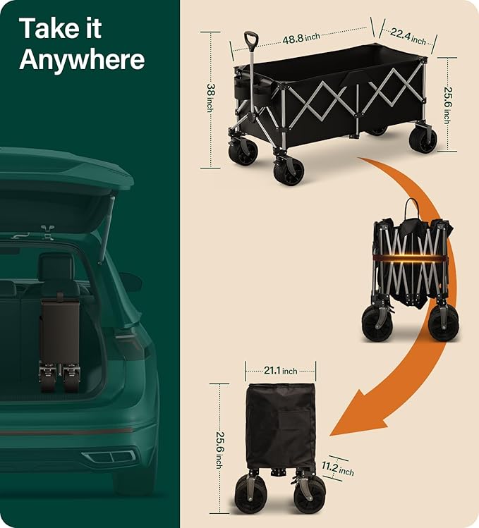 440Lbs Collapsible Wagon Cart,Beach Wagon with Big Wheels,Utility Wagons with Weight Capacity,Heavy Duty with Excellent Steering, Ideal for Camping,Gargen,Transport,Outdoor Sports