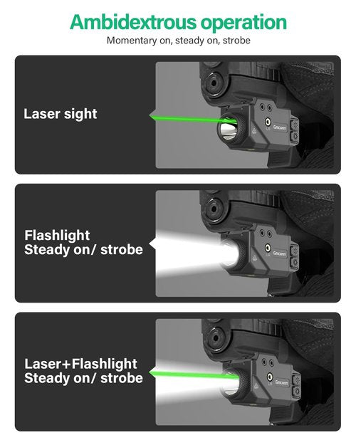 Gmconn 800 Lumen Tactical Flashlight Green Red Blue Laser Light Combo, Rechargeable Pistol Light with Strobe Function (Green Laser)