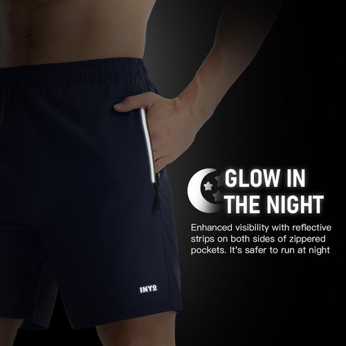 INYO Mens Athletic Short Quick Dry Lightweight Running Shorts Zipper Pockets Breathable Tennis Shorts, Navy Blue, Large