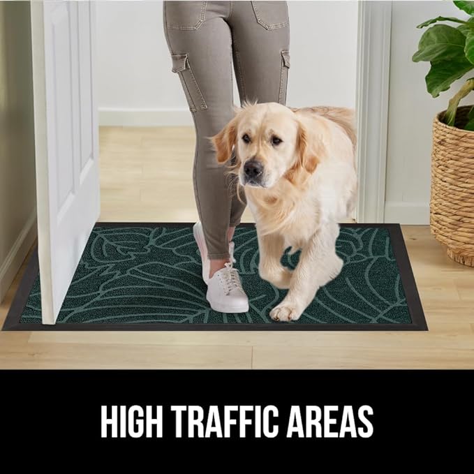 GORILLA GRIP 100% Waterproof All-Season WeatherMax Doormat, Durable Natural Rubber, Stain and Fade Resistant, Low Profile, Indoor Outdoor Door Mats, Easy Clean Patio Entrance Mat, 17x29, Green Palm