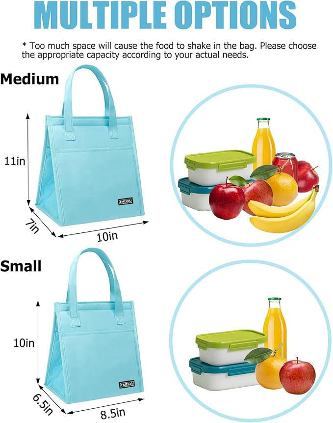 Fmeida Insulated Lunch Bag Women, Simple Lunch Tote Bags, Waterproof Thermal Cooler Lunch Bag, Reusable Adult Lunch Box Bag for Women | Small Sky Blue, Front&Side&Interior Pockets