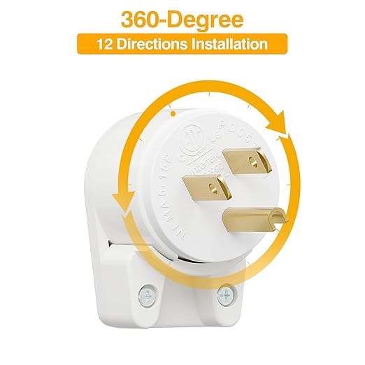 2 Pack Nema 5-15P Plug 15A 125V Plug, Plugrand 12 Directions Adjustable Plug, 90 Degree Plug, 5-15P 3-Prong Rewireable Plug, Nema 5-15P Household Right Angle AC Plug, White, ETL Verified