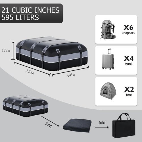 Car Rooftop Cargo Bag Carrier, Soft Roof Top Luggage Bag for All Vechicles with/Without Rack - with Waterproof Zip, Anti-Slip Mat, Luggage Lock, Storage Bag, Door Hooks, 21 Cubic Feet （Gray-Black）