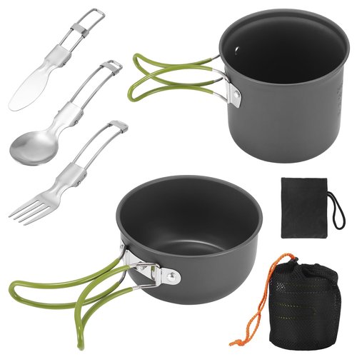 SS SUNSBELL Camping Cooking Set, Non-Stick Camping Pot and Pan Set, Portable Camping Cookware with Foldable Cutlery, 1-2 People Multifunctional Outdoor Cooking Equipment for Hiking, Picnicking
