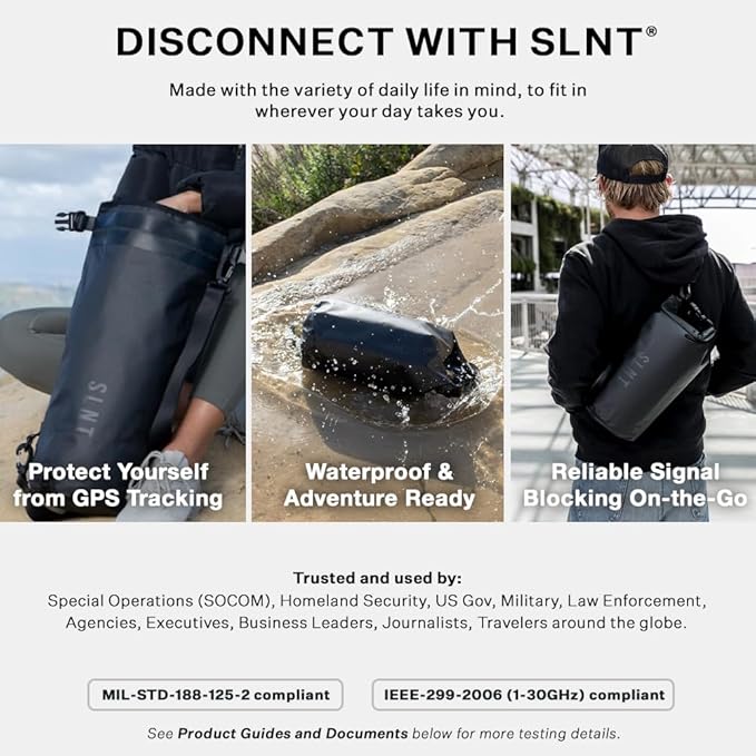Silent Pocket SLNT Waterproof Faraday Dry Bag Military-Grade Nylon 2.5 Liter Faraday Bag - RFID Signal Blocking Dry Bag/Waterproof Backpack Protects Electronics from Water, Spying, Hacking