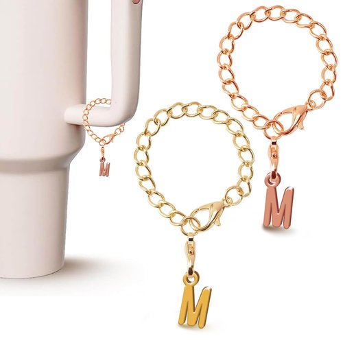PAZLOG 2PCS Letter Charm Accessories For Stanley Cup, Gold & Rose Gold A-Z Initial Chain Water Bottle Name Id Charms for Stanley 30&40 oz, Tumbler,Yeti, Simple Modern Cups Handle (M, Rose gold & Gold)