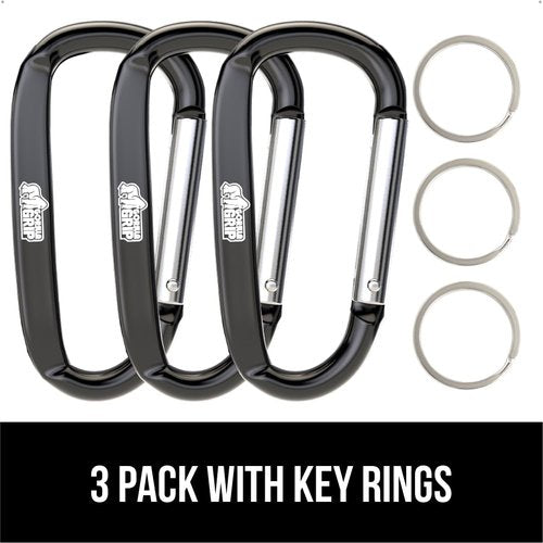 GORILLA GRIP 3 Inch Heavy Duty Aluminum Carabiner Clip, 3 Pack Clips Holds 170lbs, Rust and Scratch-Resistant Mini Keychain Carabiners for Keys, Small Ring Chain Hooks Bag Backpack Purse, Black