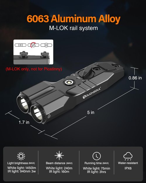 TOUGHSOUL MLOK Picatinny Mounted 1450 Lumen Flashlight 940nm IR Illuminator Infrared Flashlight Combo, Low-Profile Tactical Light with Built-in Rechargeable Battery (MLOK Mounted)
