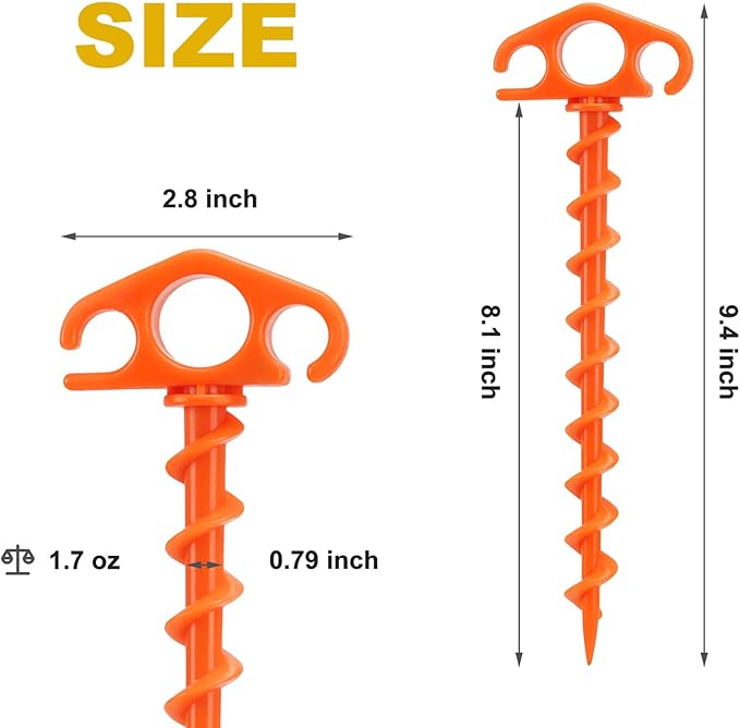 Tent Stakes Sand Stakes for Beach Tent Spiral Anchor Stakes 9.4 Inch Heavy Duty Screw Canopy Stakes for Camping, Hiking and More (16, Orange)