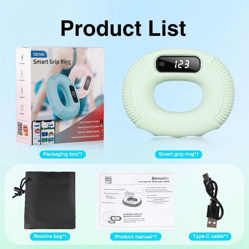 Smart LED Grip Strength Trainer with Squeeze Counter - Adjustable Hand Exerciser Ring for Men & Women, Bluetooth Remote Control for TikTok/Video Browsing, Portable Muscle Rehab (Green)