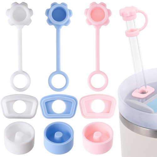CustomyLife 3 Sets Spill Stoppers for 40oz Stanley Quencher H2.0, 10mm Straw Cover Cap, Square Leak Proof Lid, Round Lid Spill Plug, Silicone Leak Stopper Drinking Cup Accessories