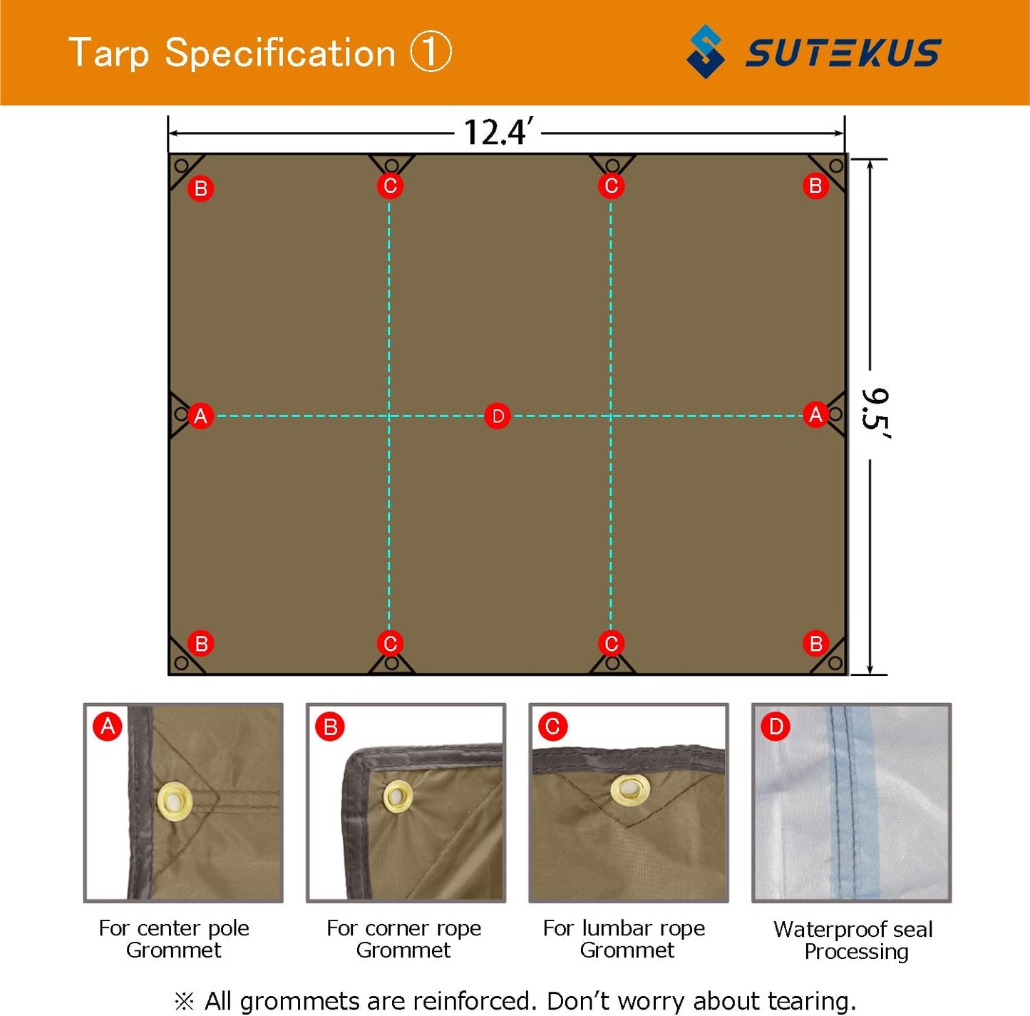 Sutekus Camping Tarp Rain Fly Tarp Waterproof Tent Tarp Lightweight Ripstop Fabric 12FT Extra Large Tarp (Khaki)
