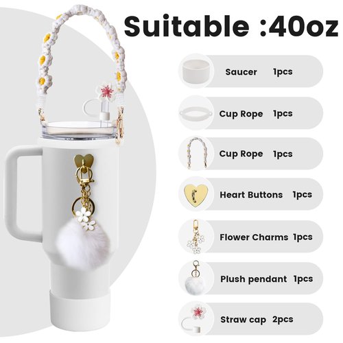 Stanley 8PCS Cup Accessories for 40oz & 30oz Tumbler with Handle, Including Silicone Straw Topper, Water Bottle Strap, Boot, Keychain Charms (White)