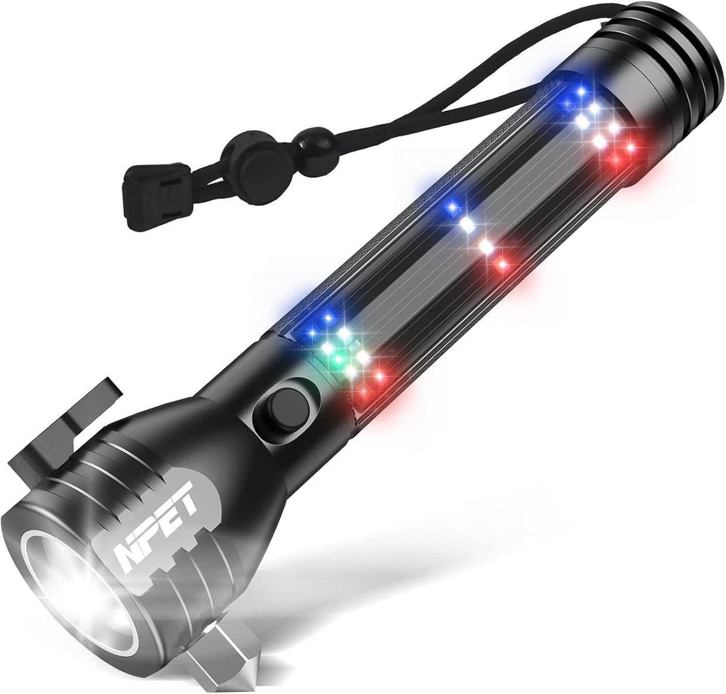 NPET T10 Car Flashlight 500 Lumens LED COB Light Solar Powered USB Rechargeable Tactical Multi-Function Torch Tool with 120dB Siren Window Breaker Seat Belt Cutter Compass for Camping