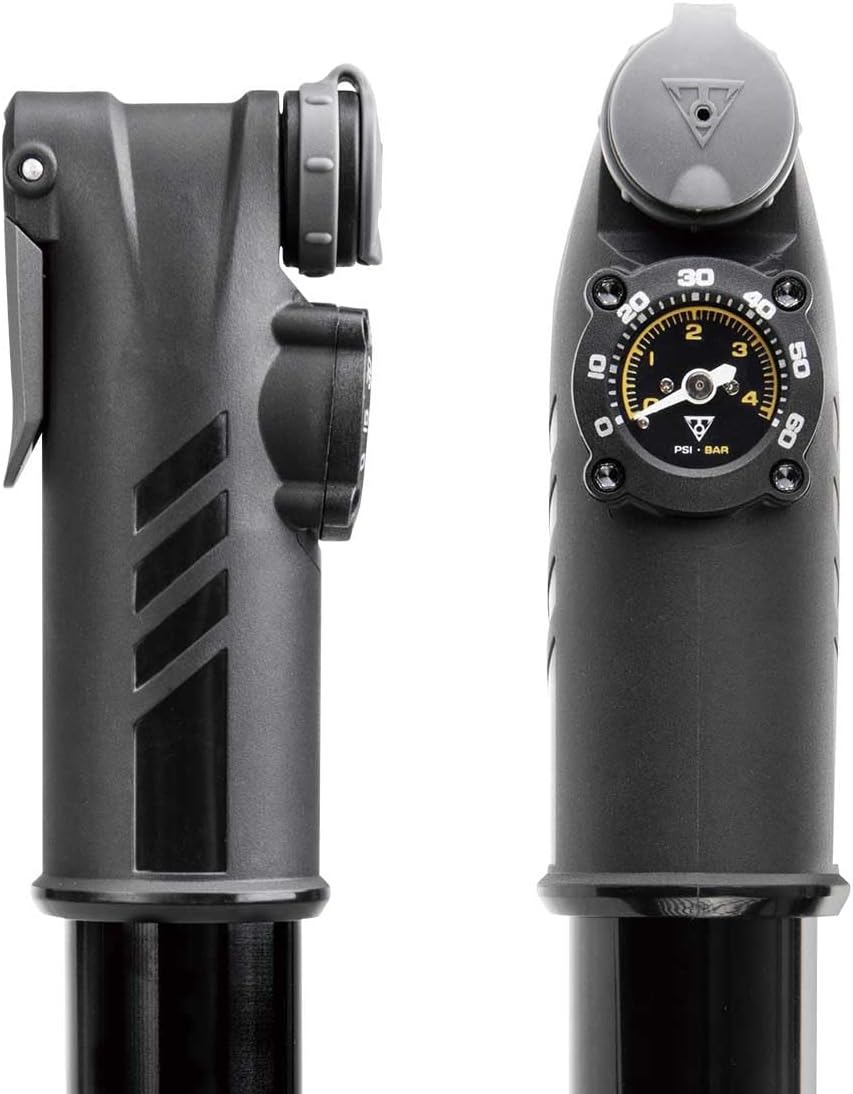 Topeak Mountain TT Twin Turbo Mini Pump with Gauge, 60 Psi / 4 Bar, Fits Presta, Schrader, and Dunlop valves