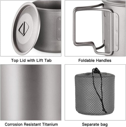 Lixada Titanium Pot, Lightweight Camping Pot Titanium Cup Titanium Backpacking Pot with Portable Foldable Handles for Outdoor Camping Hiking Backpacking