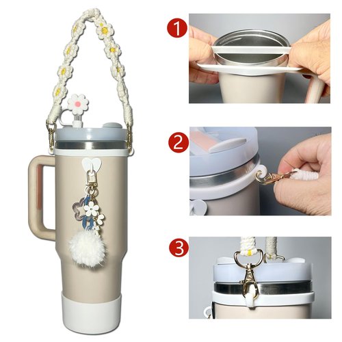 Stanley Cup Accessories Bundle: Water Bottle Handle, Silicone Straw and Boot Cover, 2 Stanley Charms for 40oz & 30oz Tumbler (White)