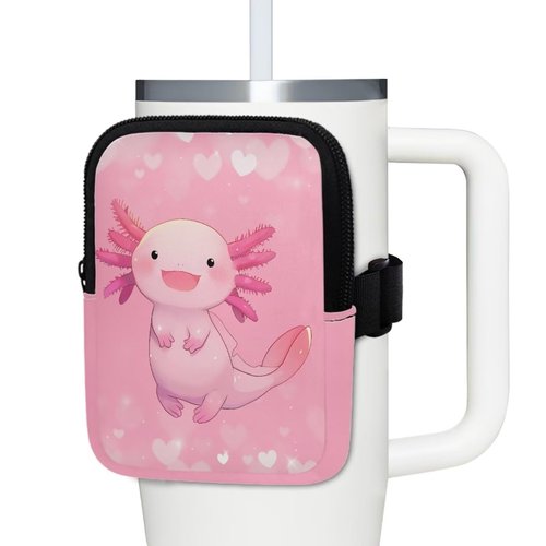 BYCHECAR Axolotl Water Bottle Pouch for Stanley Quencher Adventure 30oz/40oz Tumbler Pouch Bag Zipper Cup Accessories for Phone Earphone Card Storage Holder