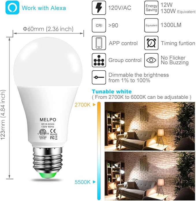MELPO Alexa Light Bulb 130W Equivalent, Smart Light Bulbs Warm White to Daylight Tunable, A19 E26 Bluetooth LED Bulbs Controlled by BRmesh APP and Alexa only, Timing, Flicker-Free（8 Pack）