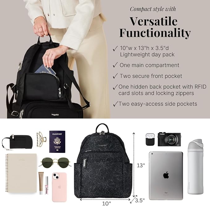 Securtex® Anti-theft Vacation Travel Backpack 10x13" Slash-Resistant Nylon Daypack w/RFID, Midnight Blossom