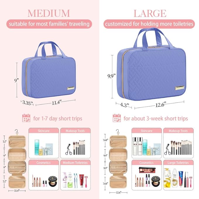 HOTOR Travel Toiletry Bag w/Hanging Hook - Spacious Toiletry Bag Essentials for Women & Men, Makeup Bag/Big Comparment, Waterproof for Travel Accessories, Medium, Aegean-Blue