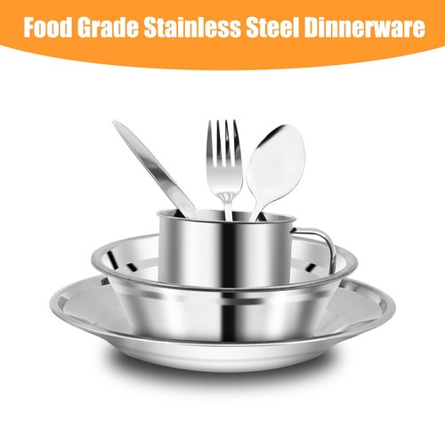 29pcs Stainless Steel Utensils Camping Tableware Kit with Bowls Plates Cups Forks Spoons and Knives for 4, Reusable Camping Flatware