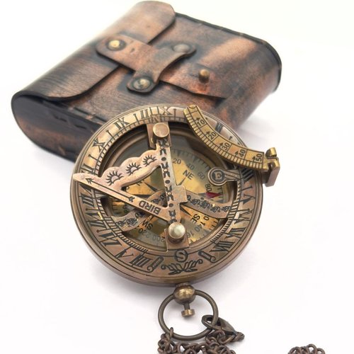 Brass Sundial Compass in Leather Case - Nautical Gifts for Men, Antique Sailing Anniversary Gadget for Him, Unusual Unique Nautical Decor, Naval Maritime Pocket Watch Clock (Brown Antique Compass)