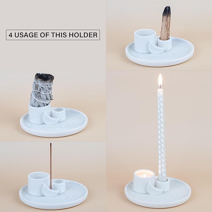 ZenBless 4 in 1 Incense Burner Holder, Palo Santo Holder, Sage Holder for Burning, Incense Holder for Sticks, Candle Holder, 5.9 inches Ceramic Ash Catcher Tray for Meditation Yoga Room(White)