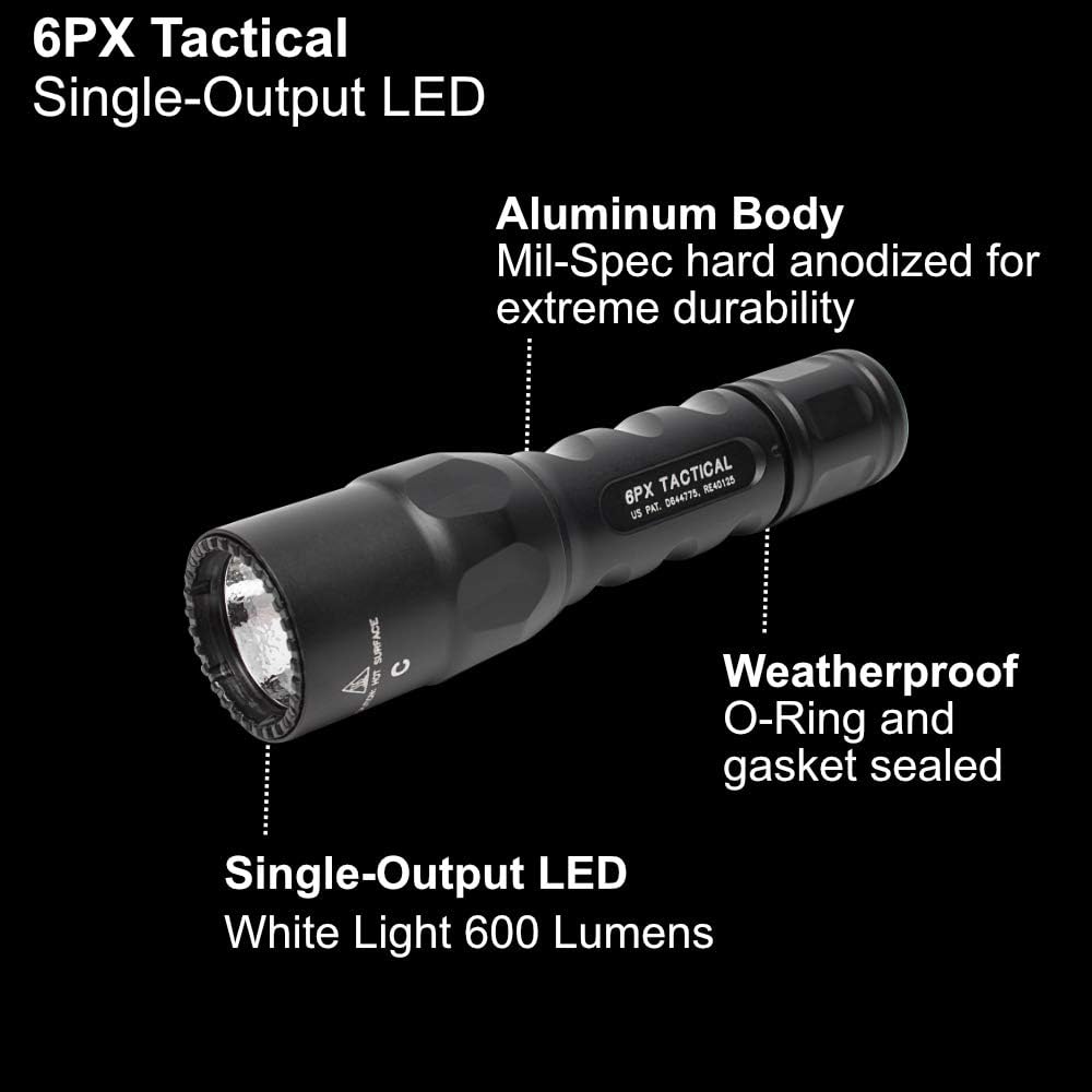 SureFire 6PX Tactical 600 Lumen EDC Flashlight Bundle with 4x Extra SureFire CR123A Batteries and Lightjunction Battery Case