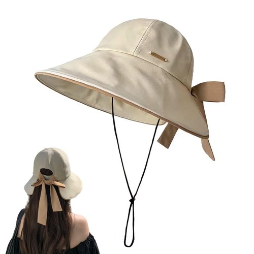 huablo Wide Brim Hats for Woman Foldable Hats Sun Hats for Women uv Protection Bowknot Fishing hat Adjustable hat with Ponytail Hole Beige